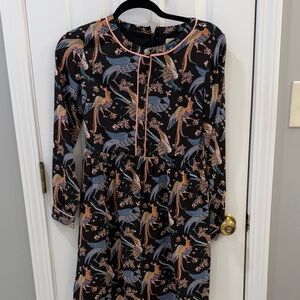 LOFT Black Dress with Blue and Orange Bird Print